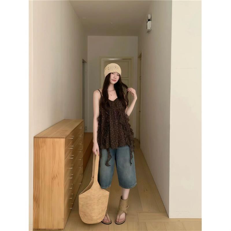 kumikumi复古碎花荷叶边飘带背心吊带女夏季新款减龄显瘦无袖上衣图片