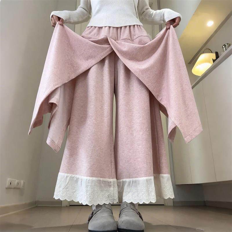 粉色蕾丝花边阔腿裤女秋冬高腰宽松显瘦拼接甜美裙裤百搭休闲长裤,女装/女士精品,休闲裤,淘宝优惠券,粉丝福利购,淘宝优惠卷