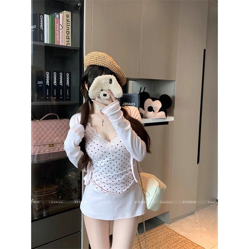 kumikumi甜辣妹套装粉色长袖开衫女波点吊带秋季包臀半身裙三件套图片