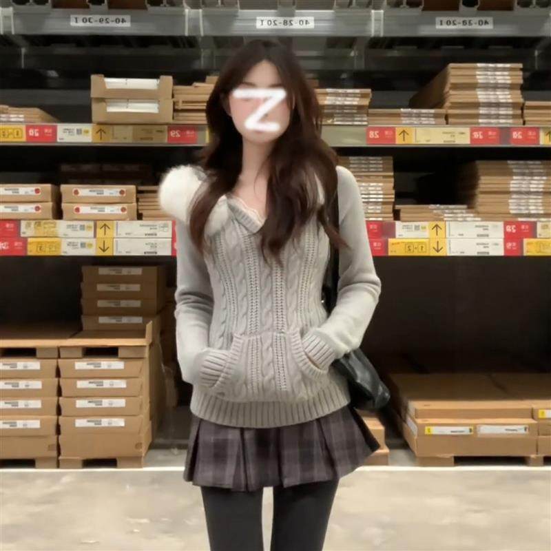 灰色V领连帽毛毛领粗针麻花毛衣女秋冬内搭针织衫甜辣妹软糯上衣,女装/女士精品,毛针织衫,淘宝优惠券,粉丝福利购,淘宝优惠卷