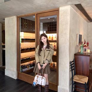 kumikumi气质套装撞色翻领夹克外套女秋季高腰显瘦百褶短裙两件套