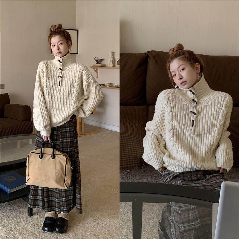 红人馆羊毛毛衣女秋冬慵懒高级感宽松设计感上衣高领牛角扣针织衫,女装/女士精品,毛衣,淘宝优惠券,粉丝福利购,淘宝优惠卷