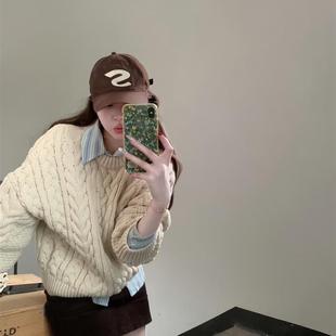 kumikumi慵懒风圆领麻花长袖套头毛衣女秋季显瘦半身裙短裙两件套