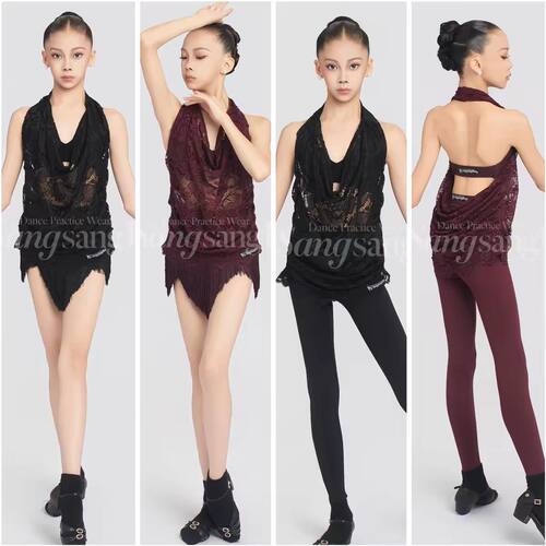 sswang舞服少儿拉丁舞蕾丝荡领罩衫重工蕾丝流苏瑜伽裤练习服跳舞