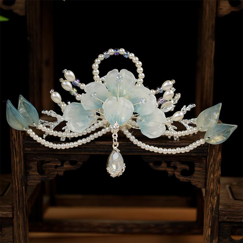 新中式汉服发冠国风红牡丹发饰古风汉服盘发点缀发冠清冷感发冠