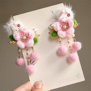 古风毛球兔兔发夹秋冬仿绒花毛球发夹汉服掩鬓对夹儿童汉服头饰