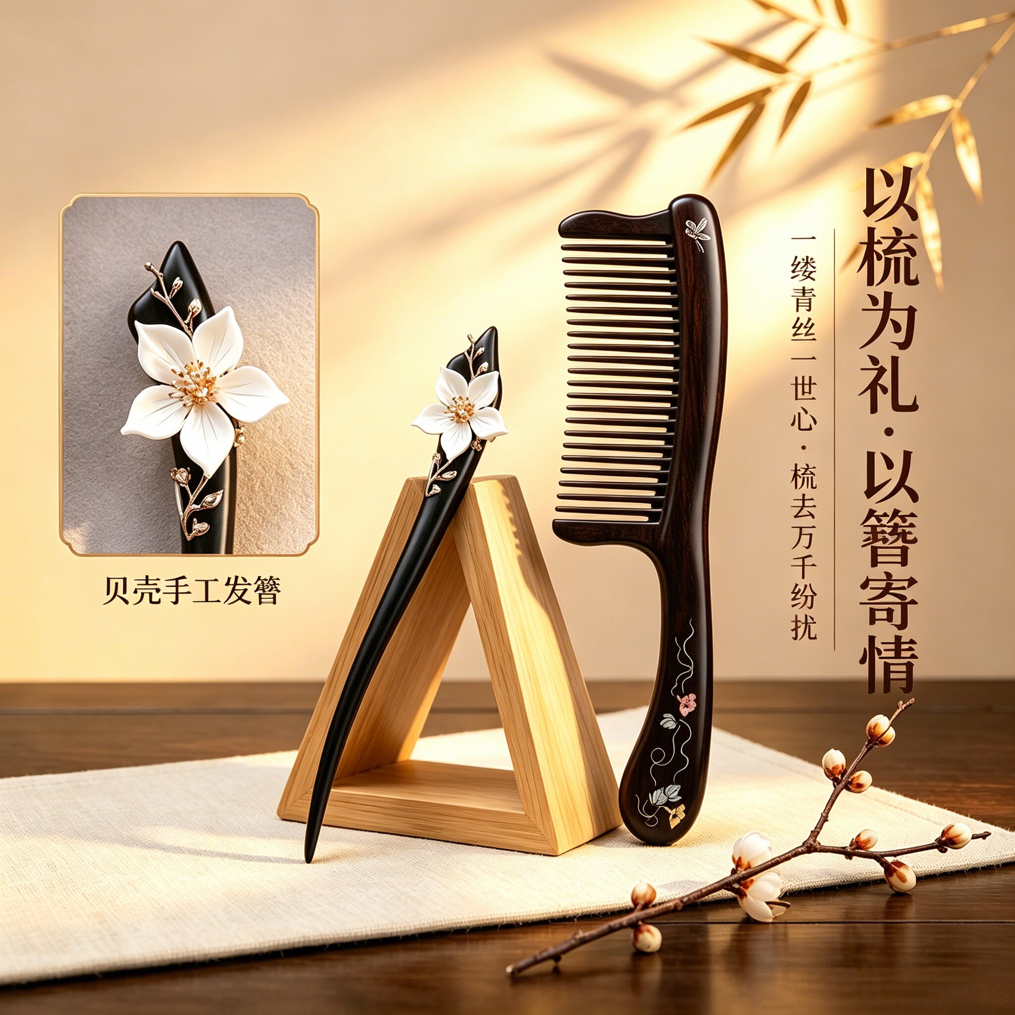 女朋友情人节礼物檀木梳子发簪套装女士长发家用送老婆生日礼物