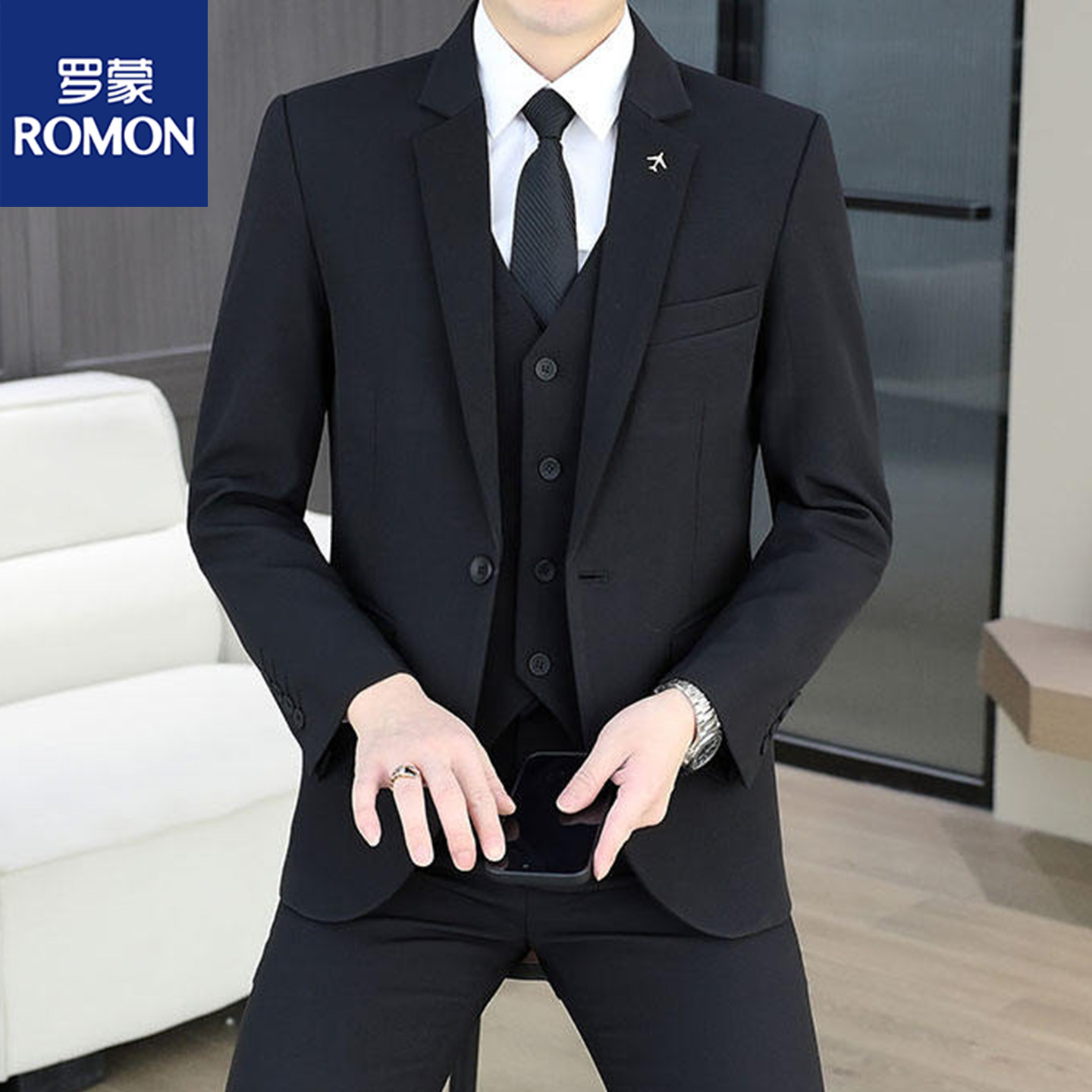 罗蒙弹力西服套装男士一套职业装工作服结婚礼服新郎商务休闲外套
