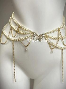 腰腿链蝴蝶公主腰链身体链氛围感设计仿珍珠链条闪bling配饰腰带