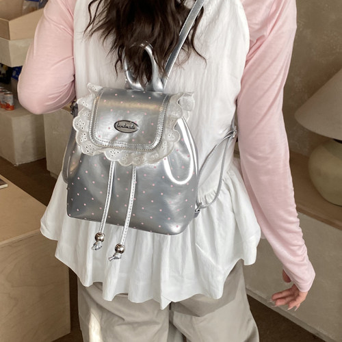 甜美韩系可爱蕾丝花边包包女2026年春季新款时尚少女风翻盖双肩包