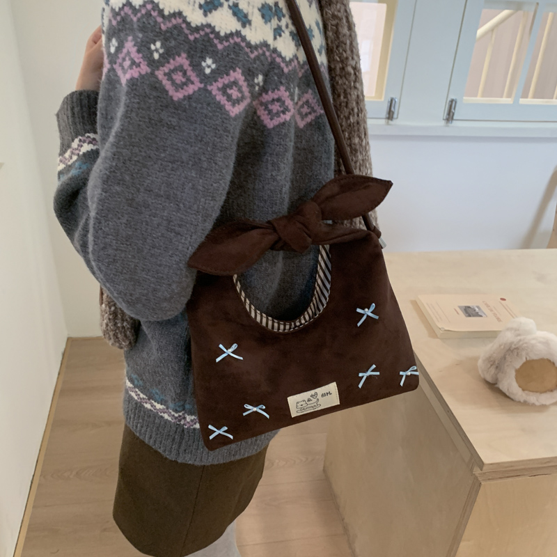 高颜值秋冬爆款蝴蝶结手拎麂皮包包女2025复古百搭单肩斜挎腋下包