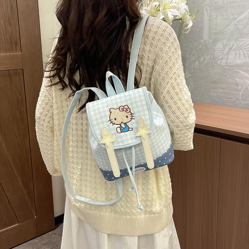 超火流行可爱猫咪格子包包女2026年新款甜美少女风旅行百搭双肩包