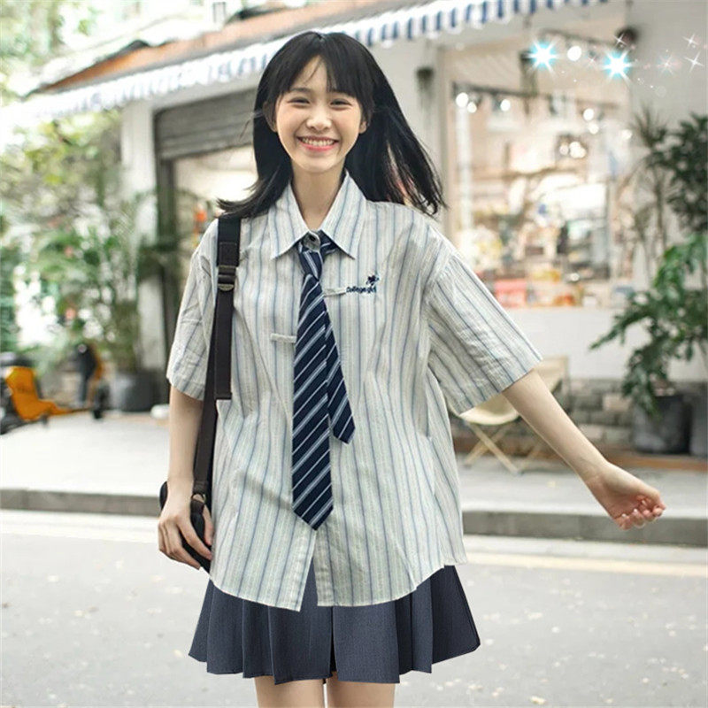 速发港蓝复古风色条纹宽松学院p风o衫jk制服套装夏季
