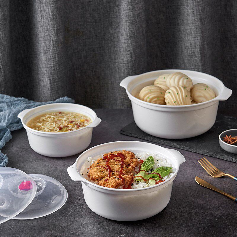 速发可批超大号双耳圆形塑料微波盒饭汤保鲜盒炉煲汤锅泡面碗塑料