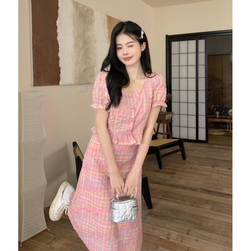 速发微胖甜美风装搭粉色方领2024夏穿格纹两身裙大码半件套