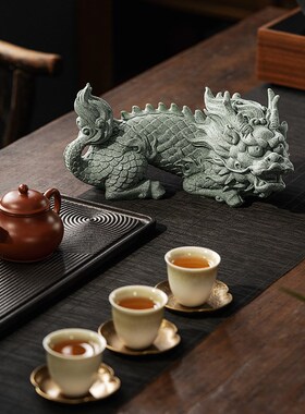 速发青砂石瑞兽麒装桌面鱼饰装缸景观麟饰国潮精品茶宠摆件招财貔