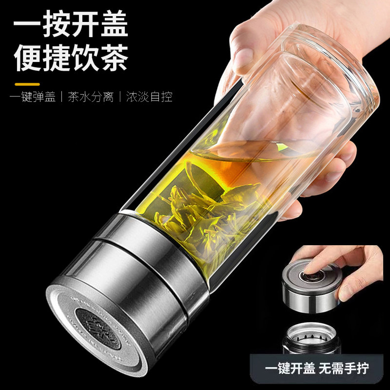 一键速开耐高温隔热双层玻璃杯有盖高硼硅茶杯子大容量泡茶车载杯