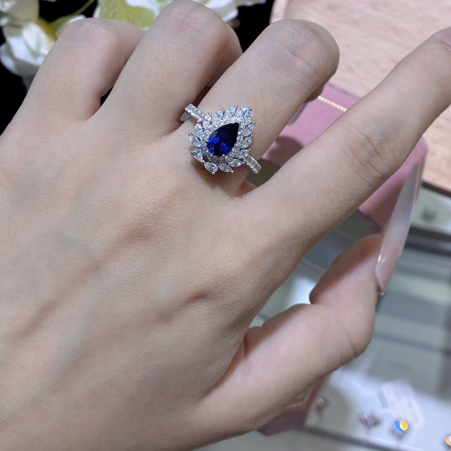 鸽血红宝石水滴戒指纯银优雅百搭