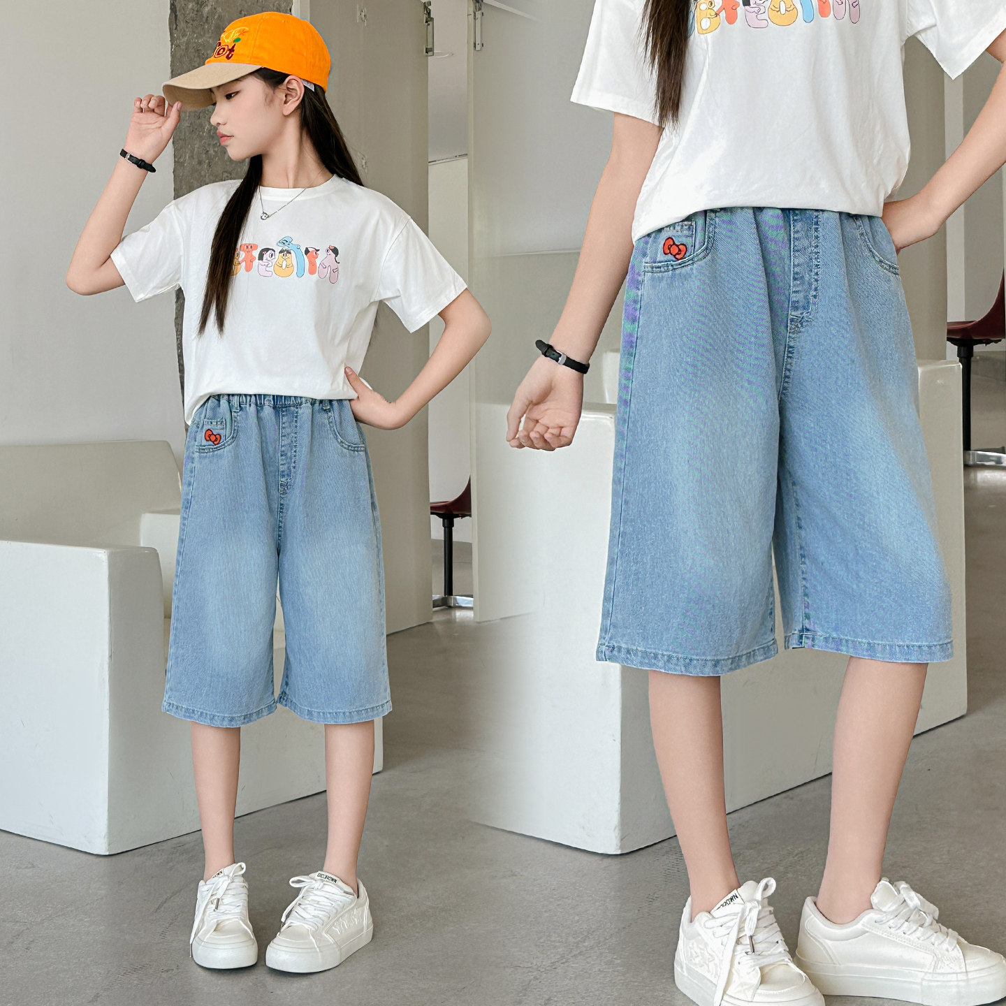女大童夏季薄款牛仔五分裤图片