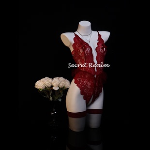 秘境「撩人心弦」性感睡衣蕾丝连体衣镂空透视免脱开档内衣qqny