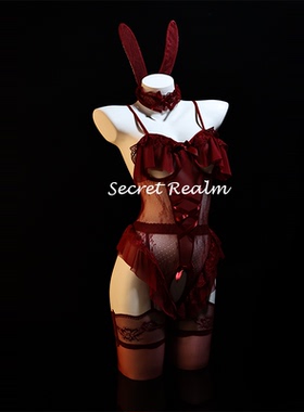 秘境「绯色妖姬」性感兔女郎蕾丝镂空连体衣绑带制服睡裙纯欲qqny