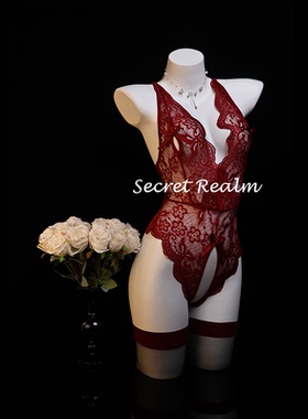 秘境「灼灼其华」性感睡衣蕾丝连体衣镂空透视免脱开档内衣qqny