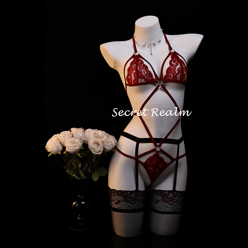 秘境「粉黛」性感内衣蕾丝花纹镂空透视睡衣文胸套装情调纯欲qqny