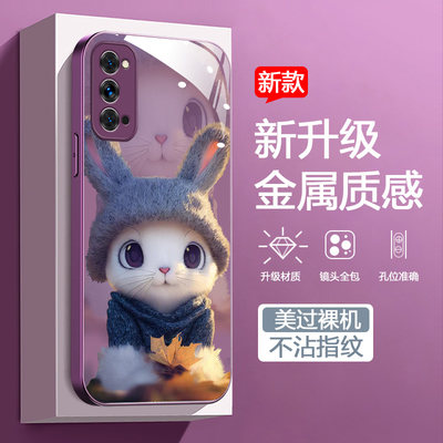 适用OPPOReno4手机壳opopreno新款PDPM00兔子oppo reno4 5g萌兔45g金属漆玻璃壳ren04防摔pdptoo硬壳可爱情侣