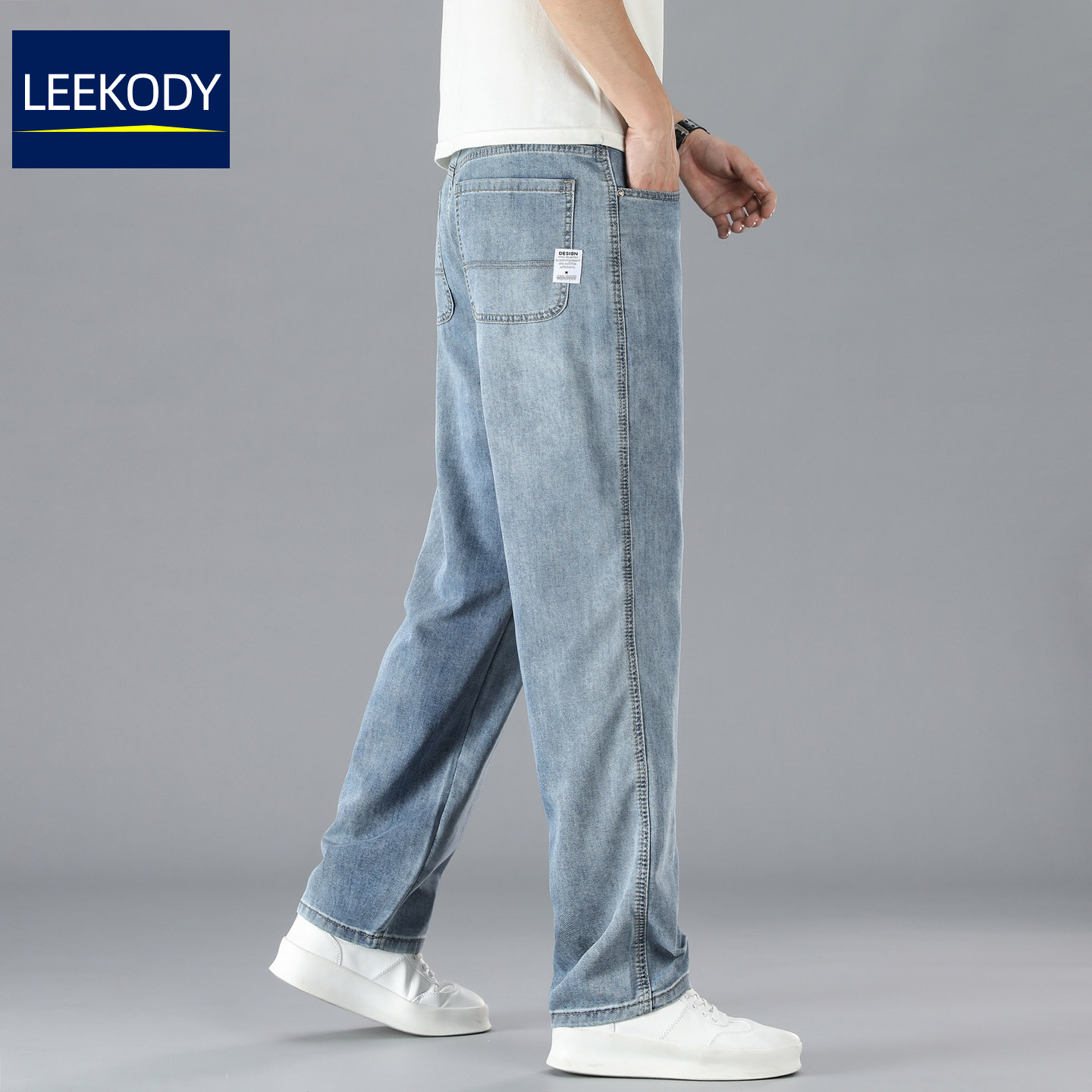 LEEKODYLEEKODY宽松直筒牛仔裤男夏季薄款浅蓝色高端商务休闲长裤