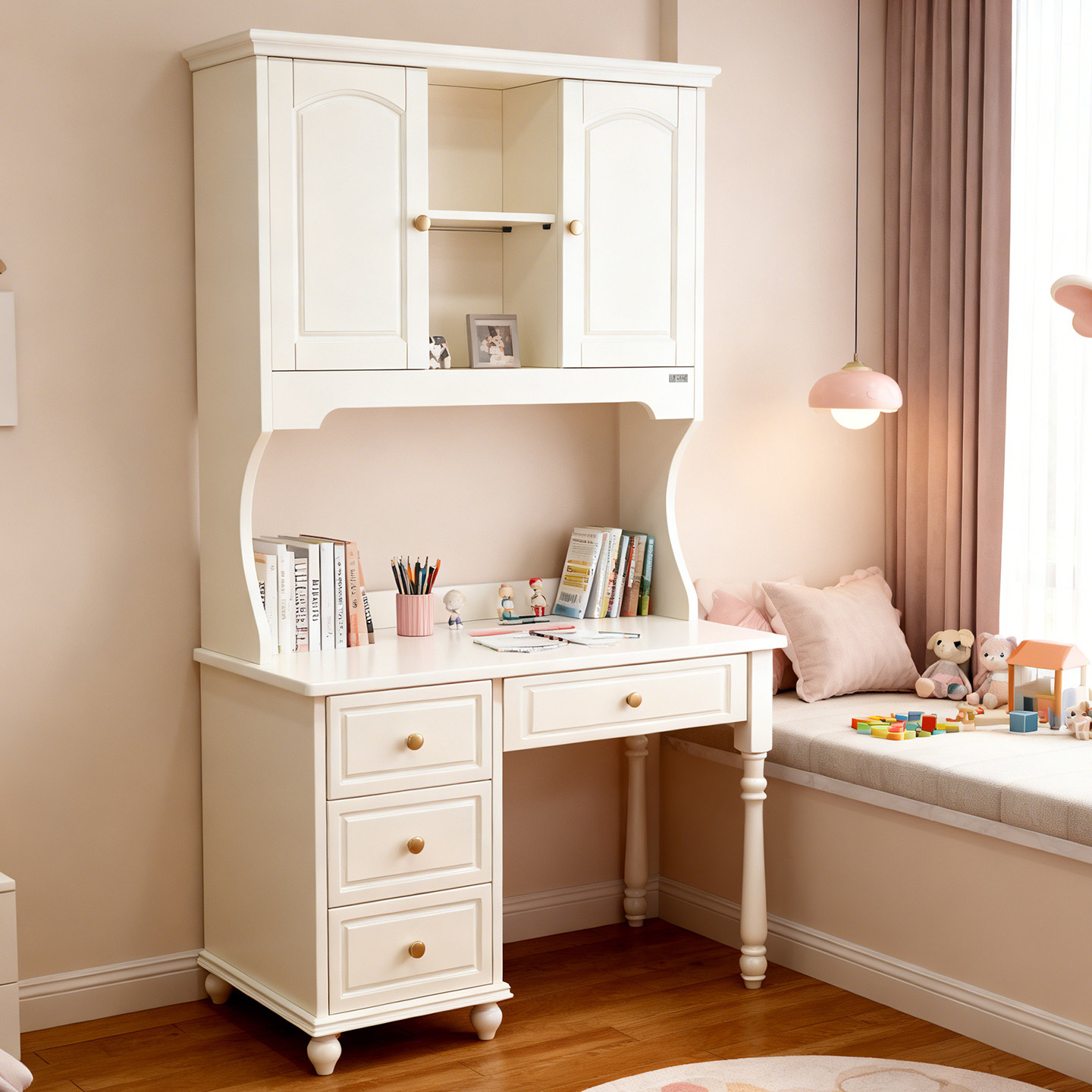100%全实木儿童书桌1.1米白色公主奶油风女孩学习桌书架一体桌