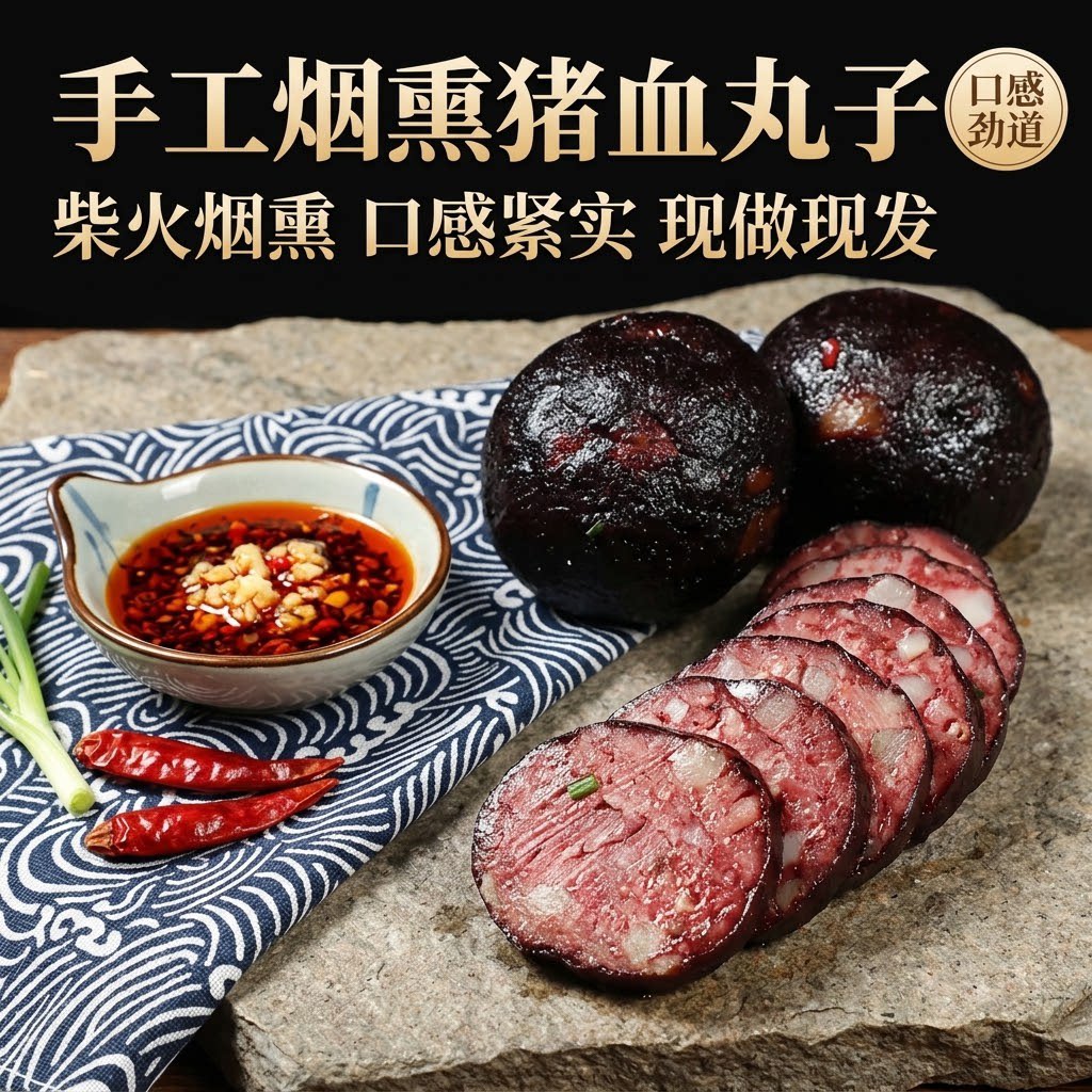 湖南特产农家柴火烟熏猪血丸子邵阳武冈卤豆腐贵州猪血粑豆腐圆子