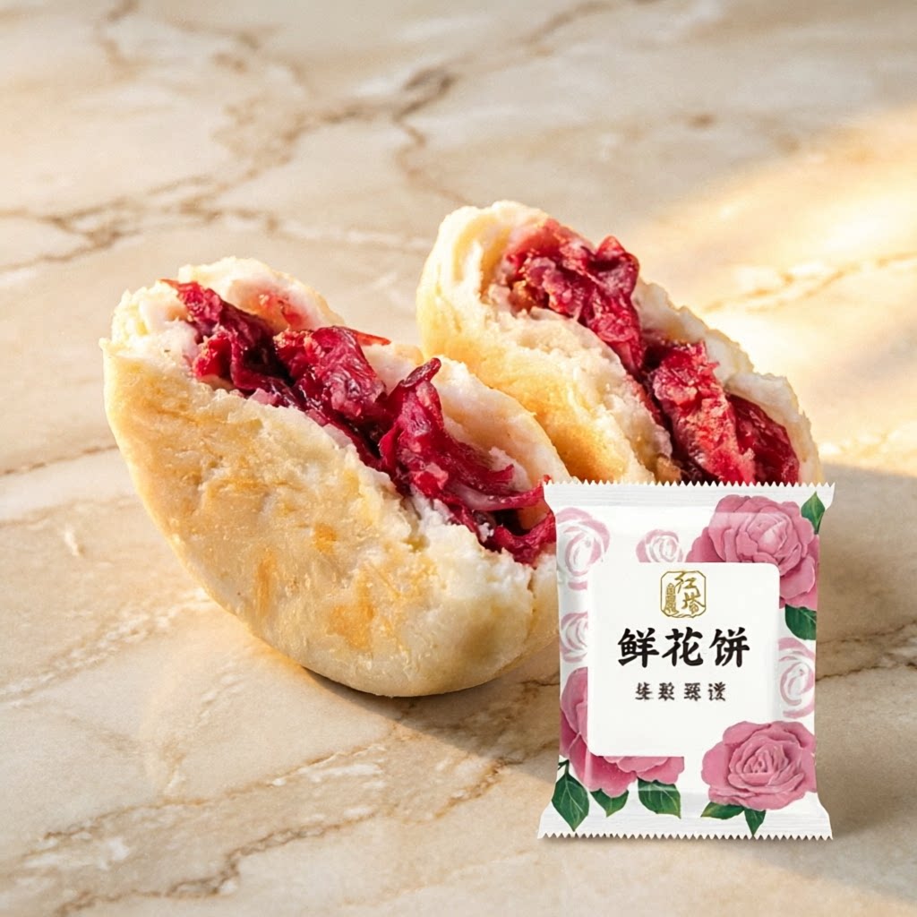 玫瑰花瓣层层起酥浓郁花香特产鲜花饼玫瑰花瓣饼酥皮馅饼休闲零食