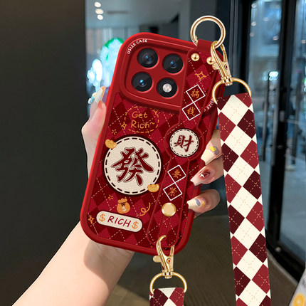 菱格麻将适用红米Note13Pro发财手机壳Note12保护套K60斜挎K50S挂绳K40S腕带mi防摔5G女款12T全包K40小米软壳