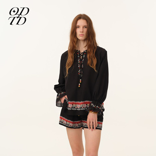 衬衫 十字绣绣花花边系带灯笼袖 ODTD26春夏新款 上衣 设计师女装