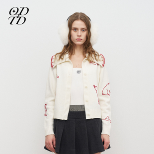 新款 ODTD25秋季 动物图案系列线描撞色羊毛针织开衫 设计师女装