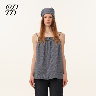 双面穿抽绳撞色格纹吊带上衣度假风 ODTD26春夏新款 设计师女装