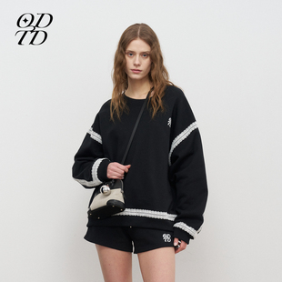 新款 ODTD25秋季 蕾丝压边圆领套头卫衣休闲宽松上衣 设计师女装
