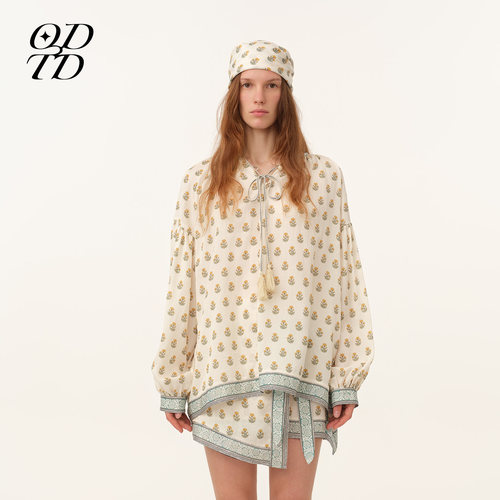 ODTD春夏天丝流苏印花衬衫套装