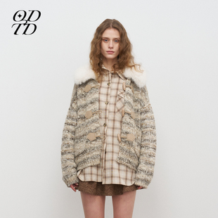 新款 ODTD25秋季 彩点花大肚纱撞色羊毛毛领外套开衫 设计师女装