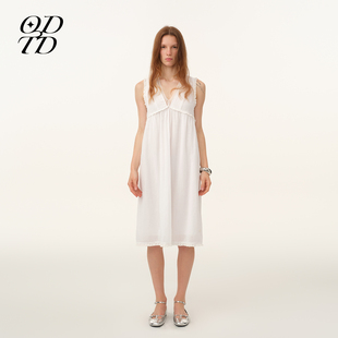 塔克蕾丝花边V领宽松无袖 ODTD26春夏新款 连衣裙女 设计师女装