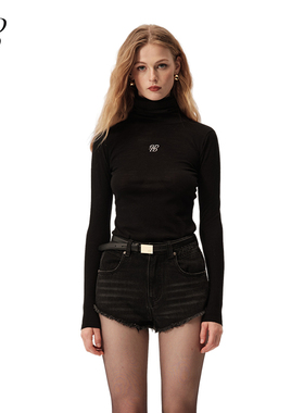 ODTD春夏新款logo刺绣高领打底衫设计师品牌上衣女