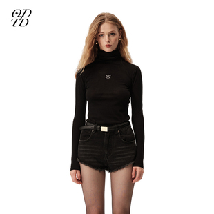 ODTD春夏新款 设计师品牌上衣女 logo刺绣高领打底衫