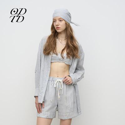 【设计师女装】ODTD春夏新款舒适亚麻航海度假衬衫长袖条纹上衣