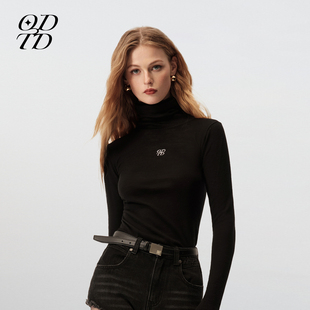 新款 ODTD25秋季 logo刺绣高领100%美丽诺羊毛打底衫 设计师女装