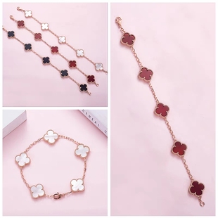 秋冬新款搭配红玛瑙五花四叶草纯银手链女轻奢小众精致生日送女友