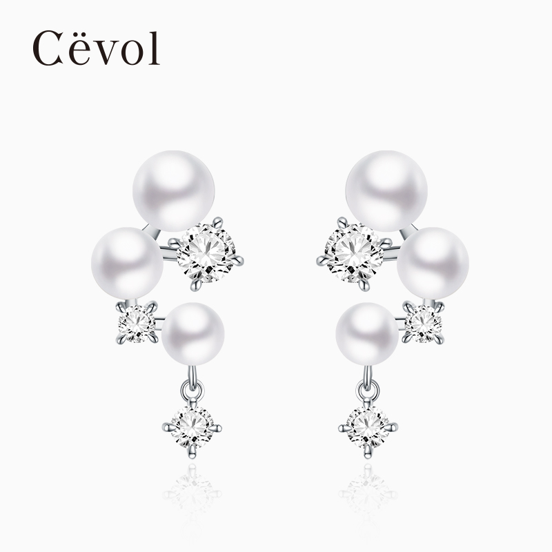 Cevol新奢钻石 星辰系列18K金珍珠钻石耳钉耳环时尚轻奢女