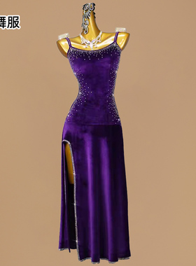 高档新款紫色拉丁舞比赛服装专业舞台表演出连衣长裙成人花服solo