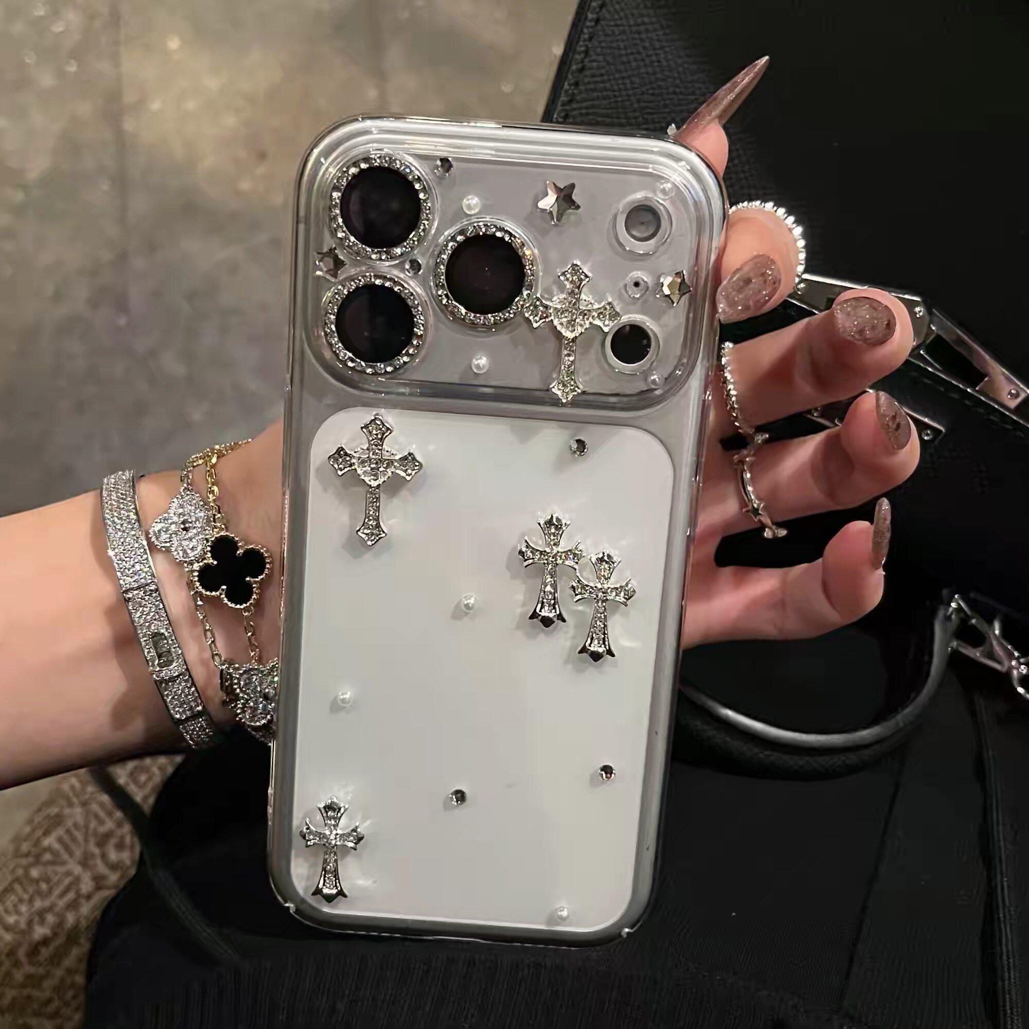 diy闪钻十字架适用苹果17手机壳iphone16promax硅胶小米17promax新款15Pro透明奢华13名媛风14全包镜头保护套
