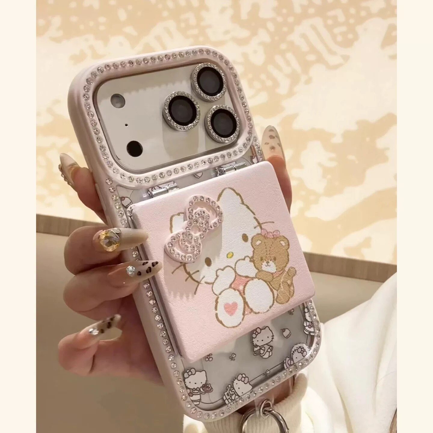 超仙闪钻边框KT猫翻盖镜子适用苹果17promax手机壳iphone17新款16pro保护套14女款13全包防摔15带链条kitty猫