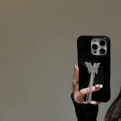 ins冷淡简约黑立体闪钻流苏蝴蝶软壳适用iPhone16pro苹果新款15promax手机壳14防摔13少女17pro满钻高级流苏